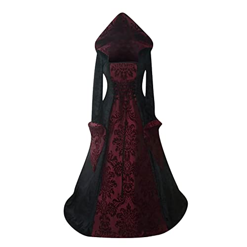WEOPLKIN Halloween Kostüm Damen,Gothic Kleidung Retro Mittelalter Kleid mit Trompetenärmel, Mittelalterliche Viktorianischen Königin Kleider Renaissance Maxikleid Halloween Kleid schwarz Rot L von WEOPLKIN