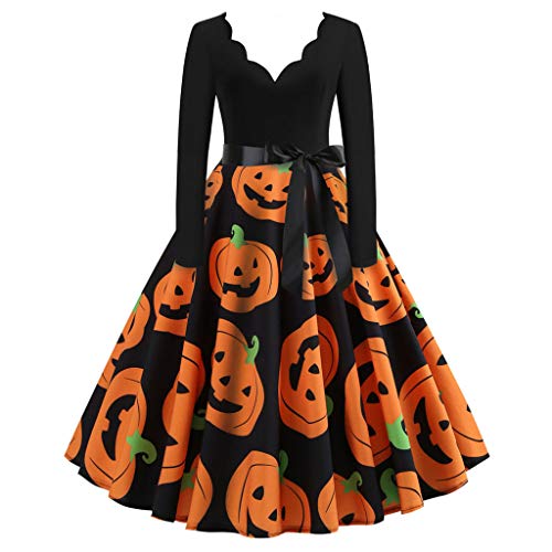 Halloween Kostüm Damen Vintage in Übergröße, lustiger Kürbis, gruselige Fledermaus, Mondschloss, Halloween-Kostüm, Vintage-A-Linie, Flare-Kleider Gothic Kleid Damen Orange XXL von WEOPLKIN