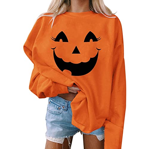 WEOPLKIN Halloween Pullover Damen Sweatshirts Langarm Kürpiskopf Fun Sweatshirt Kürbis Gedruckt Herbst Winter Rundhals Sportshirt Karneval Kostüme Langshirt Hoodie Xs Maedchen Orange XXL von WEOPLKIN