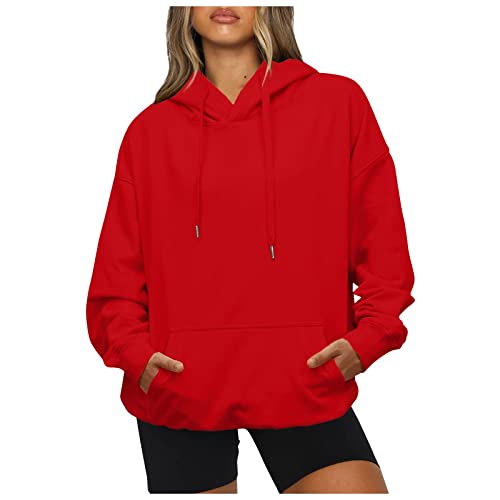 WEOPLKIN Hoodie Damen Oversize Sweatshirts Langarm Einfarbig Pullover Winter Sport Kapuzenpullover Damen Freizeit Training Hoodies Outdoor Casual Hoodie Damen Pullover Rot XL von WEOPLKIN