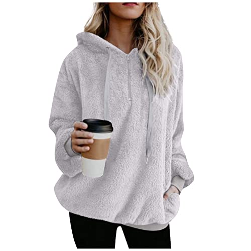 WEOPLKIN Hoodie Damen Sweatshirt Damen Kapuzenpullover Teddy-Fleece Pullover Herbst Winter Warm Oberteil Langarm Einfarbig Casual Sweatshirt Fleecepullover Damen Hoodie Herren ReißVerschluss grau M von WEOPLKIN