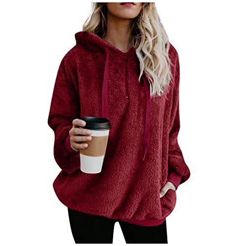 WEOPLKIN Hoodie Damen Sweatshirt Damen Kapuzenpullover Teddy-Fleece Pullover Herbst Winter Warm Oberteil Langarm Einfarbig Casual Sweatshirt Fleecepullover Damen Hoodie Jacke Damen Oversize Rot 4XL von WEOPLKIN