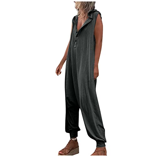 WEOPLKIN Jumpsuit Damen Baggy Sommer Latzhose Damen Bohème Kuschel Jumpsuit Dungaree Lang Romper Strandbekleidung Ärmellose V-Ausschnitt Knopf Overall Damen eleganter jumpsuit damen grau XL von WEOPLKIN