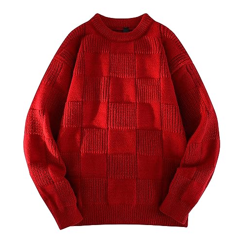 WEOPLKIN Pullover Herren Sweatshirt Herren Waffel-Langarmshirt Herren Baumwolle Rundkragen Neutral Sweatshirt Herren Ohne Kapuze Einfarbig Pullover Herren Rollkragenpullover Rot XL von WEOPLKIN