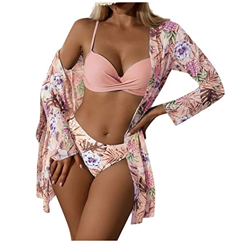 WEOPLKIN Sexy Bikini Damen Set Dreiteilige Sets Bikini Badeanzüge Push Up Bikini mit frechem Unterteil Gestrickte Ausschnitte Langarm Bohemia Bademode Swimsuit Badeanzug sexy pink XL von WEOPLKIN