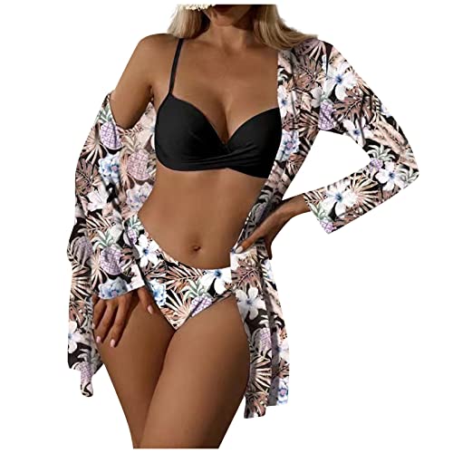 WEOPLKIN Sexy Bikini Damen Set Dreiteilige Sets Bikini Badeanzüge Push Up Bikini mit frechem Unterteil Gestrickte Ausschnitte Langarm Bohemia Bademode Swimsuit Bikini große Cups Schwarz L von WEOPLKIN