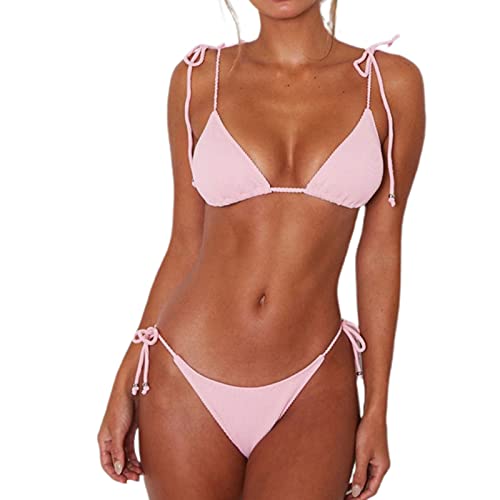 WEOPLKIN Sexy Bikini Damen Set Push Up Bikini Brazilian Triangel String Bikini Oberteil Tanga Bikini Bademode Swimsuit Zweiteiliger Badeanzug Badeanzug Damen Sport pink S von WEOPLKIN