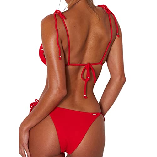 WEOPLKIN Sexy Bikini Damen Set Push Up Bikini Brazilian Triangel String Bikini Oberteil Tanga Bikini Bademode Swimsuit Zweiteiliger Badeanzug Badeanzug Damen sexy Rot L von WEOPLKIN