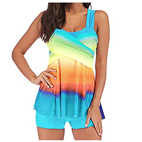 WEOPLKIN Tankini Damen Bauchweg Badeanzug mit Bügel Bademode Sport Badeanzug Tankinis mit Hotpants Badebekleidung Zweiteilig High Waist Beachwear Badeanzug große Oberweite blau 4XL von WEOPLKIN