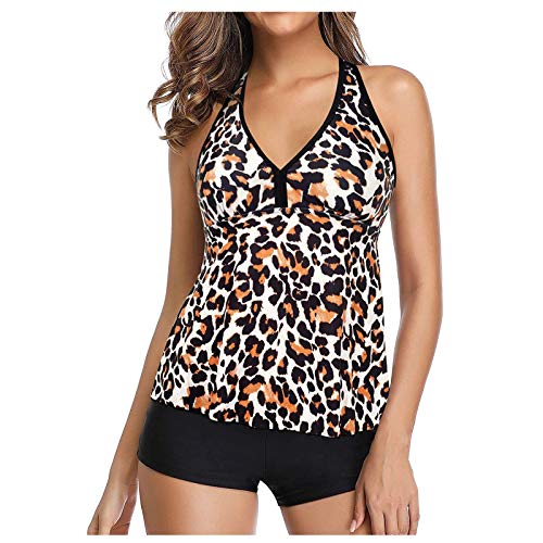 WEOPLKIN Tankini Damen Bauchweg Badeanzug mit Bügel Bademode Sport Badeanzug Tankinis mit Hotpants Badebekleidung Zweiteilig High Waist Beachwear Tankini braun M von WEOPLKIN