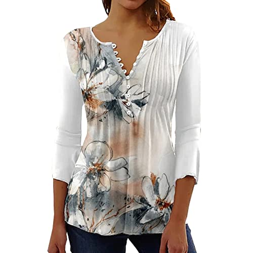 WEOPLKIN Tunika Damen Langarm Bluse Damen Elegant Henley Shirts Frühling Sommer Langarmshirt T Shirt Bedrucken Lässig Klassisch Tunika Damen Elegant Damen Tunika Langarm Beige 3XL von WEOPLKIN