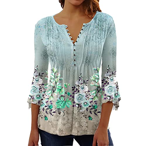 WEOPLKIN Tunika Damen Langarm Bluse Damen Elegant Henley Shirts Frühling Sommer Langarmshirt T Shirt Bedrucken Lässig Klassisch Tunika Damen Elegant t-Shirts für Damen Grün XL von WEOPLKIN