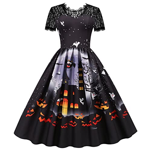 WEOPLKIN Vintage Kleider Damen Halloween Kleid Schwarz Mondschloss 1950er Cocktailkleid Rockabilly O-Ausschnitt Faltenrock Gothic Spitzenkleid Lace-Up Kurzarm Halloween kostüm Schwarz XL von WEOPLKIN