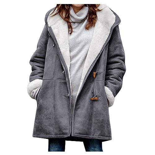 WEOPLKIN Wintermantel Mantel Damen Fleecejacke Wollmantel Damen üBergangsjacke Softshelljacke Damen Winddicht Atmungsaktiv Verdickt Sweatjacke Damen mit Kapuze Leichte+Steppjacke grau XL von WEOPLKIN