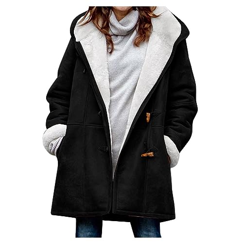 Wintermantel Mantel Damen Fleecejacke Wollmantel Damen üBergangsjacke Softshelljacke Damen Winddicht Atmungsaktiv Verdickt Sweatjacke Damen mit Kapuze Sweatshirtjacke Damen Mit Kapuze Schwarz XXL von WEOPLKIN