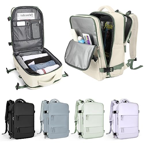 Handgepäck Rucksack für Ryanair 40x20x25,Reiserucksack für Easyjet Handgepäck 45x36x20 Rucksack Damen Herren mit Schuhfach,Flugzeug Carry-Ons Reiserucksack mit Laptopfach für Weekender,Beige grünem L von WEPLAN