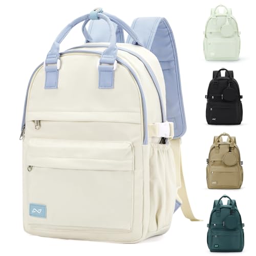 Schulrucksack Damen, Casual Schultasche Travel Büchertasche 14 Zoll Laptop, Rucksack für Mädchen Teenager, Wasserdichter Backpack Unisex Daypack Schulrucksack für Uni Schule Reise,Weiß mit Blau von WEPLAN