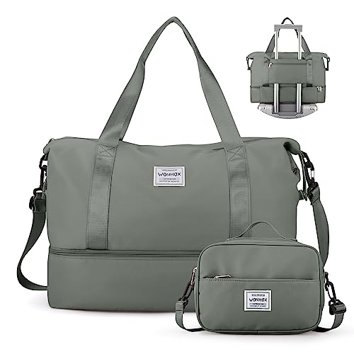 Sporttasche Turnbeutel für Damen, Sport Travel Duffel Bag mit USB-Ladeanschluss,Wasserdicht Reisetasche mit Kulturbeutel Weekender Overnight Bag mit Nassfach und Schuhfach für Frauen Yoga,Dunkelgrün von WEPLAN