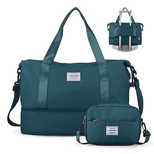 Sporttasche Turnbeutel für Damen, Sport Travel Duffel Bag mit USB-Ladeanschluss,Wasserdicht Reisetasche mit Kulturbeutel Weekender Overnight Bag mit Nassfach und Schuhfach für Frauen Yoga,Pfauenblau von WEPLAN