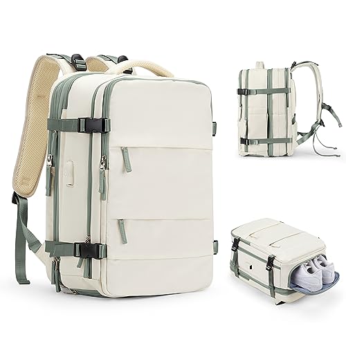 WEPLAN Handgepäck Rucksack, Großer Reiserucksack Damen Laptop Rucksack für 17 Zoll Herren,Rucksack mit Schuhfach,Ryanair Flug Genehmigt Rucksack Kabinenrucksack für Weekender,Beige Grün (Erweiterung) von WEPLAN