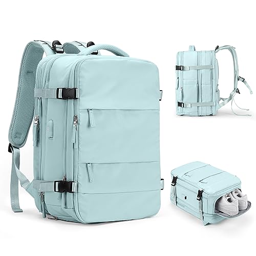 WEPLAN Handgepäck Rucksack, Großer Reiserucksack Damen Laptop Rucksack für 17 Zoll Herren,Rucksack mit Schuhfach,Ryanair Flug Genehmigt Rucksack Kabinenrucksack für Weekender,Hellblau (Erweiterung) von WEPLAN