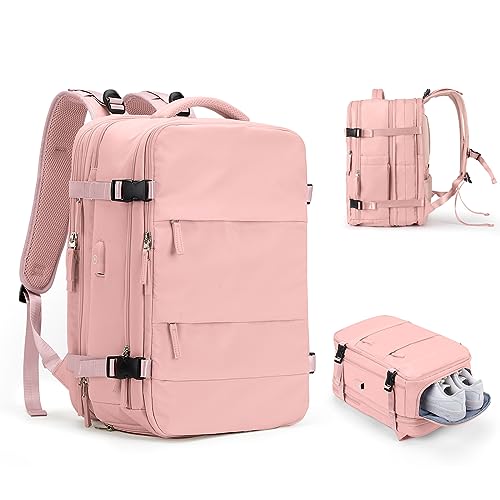 WEPLAN Handgepäck Rucksack, Großer Reiserucksack Damen Laptop Rucksack für 17 Zoll Herren,Rucksack mit Schuhfach,Ryanair Flug Genehmigt Rucksack Kabinenrucksack für Weekender,Rosa (Erweiterung) von WEPLAN