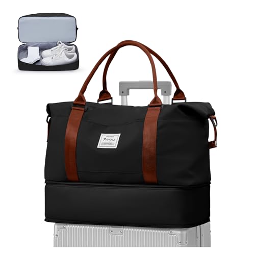 WEPLAN Reisetasche Damen Handgepäck Ryanair 40x20x25 Tasche für Flugzeug Handgepäck Tasche 45x36x20 Easyjet Weekender Travel Bag Sporttasche mit Schuhfach Kliniktasche Schwimmtasche,Schwarz Braunes von WEPLAN