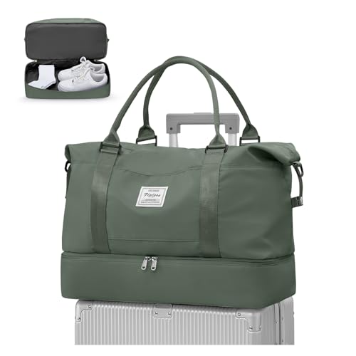 WEPLAN Reisetasche Damen Handgepäck Tasche Easyjet 45x36x20 für Flugzeug Airlines Tasche Weekender Damen Travel Duffle Bag Reisetaschen Sporttasche mit Schuhfach Kliniktasche Schwimmtasche,Armeegrün L von WEPLAN