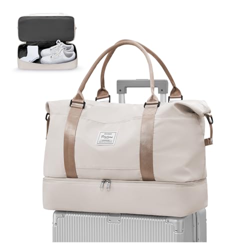 WEPLAN Reisetasche Damen Handgepäck Tasche Easyjet 45x36x20 für Flugzeug Tasche Weekender Damen Travel Duffle Bag Reisetaschen Sporttasche mit Schuhfach Kliniktasche Schwimmtasche,Beige mit Braun L von WEPLAN