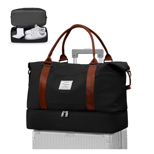 WEPLAN Reisetasche Damen Handgepäck Tasche Easyjet 45x36x20 für Flugzeug Tasche Weekender Damen Travel Duffle Bag Reisetaschen Sporttasche mit Schuhfach Kliniktasche Schwimmtasche,Schwarz mit Braun L von WEPLAN