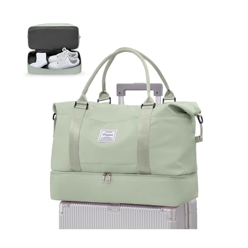 WEPLAN Reisetasche Damen Handgepäck Tasche Easyjet 45x36x20 für Flugzeug Tasche Weekender Damen Travel Duffle Bag Reisetaschen Sporttasche mit Schuhfach Kliniktasche Schwimmtasche,Weiß Grün L von WEPLAN