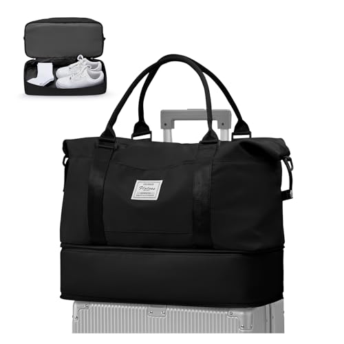 WEPLAN Reisetasche Damen Handgepäck Tasche Ryanair 40x20x25 für Flugzeug Airlines Tasche Weekender Damen Travel Duffle Bag Reisetaschen Sporttasche mit Schuhfach Kliniktasche Schwimmtasche,Schwarz von WEPLAN