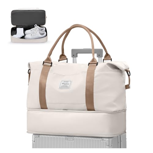 WEPLAN Reisetasche Damen Handgepäck Tasche Ryanair 40x20x25 für Flugzeug Tasche Weekender Damen Travel Duffle Bag Reisetaschen Sporttasche mit Schuhfach Kliniktasche Schwimmtasche,Beige mit Braun von WEPLAN