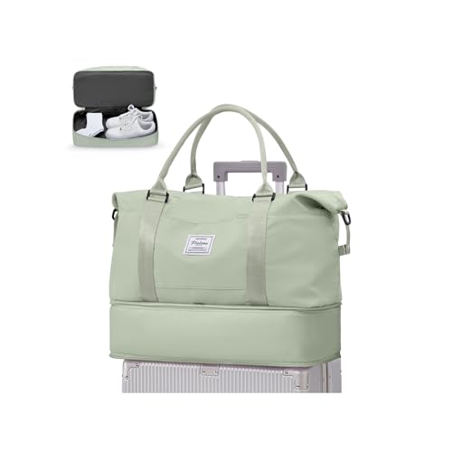 WEPLAN Reisetasche Damen Handgepäck Tasche Ryanair 40x20x25 für Flugzeug Tasche Weekender Damen Travel Duffle Bag Reisetaschen Sporttasche mit Schuhfach Kliniktasche Schwimmtasche,Weiß Grün von WEPLAN