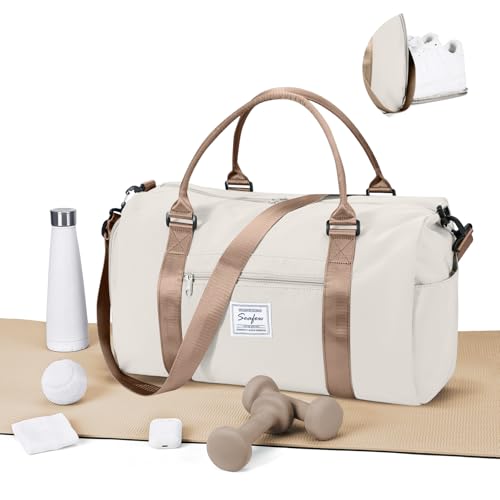 WEPLAN Sport Duffel Bag Damen Herren Sporttasche mit Schuhfach & Nassfach Reisetasche Handgepäck Tasche Sporttaschen Fitness Gym Bag Weekender Travel Bag Schwimmtasche Trainingstasche,Beige mit Braun von WEPLAN