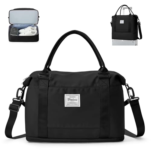 WEPLAN Sporttasche Reisetasche Damen, für Ryanair Handgepäck 40x20x25 Handgepäck Tasche für Flugzeug Reisetasche,Weekender Bag Schwimmtasche Wasserdicht Travel Bag Duffle Bag mit Schuhfach,Schwarz von WEPLAN