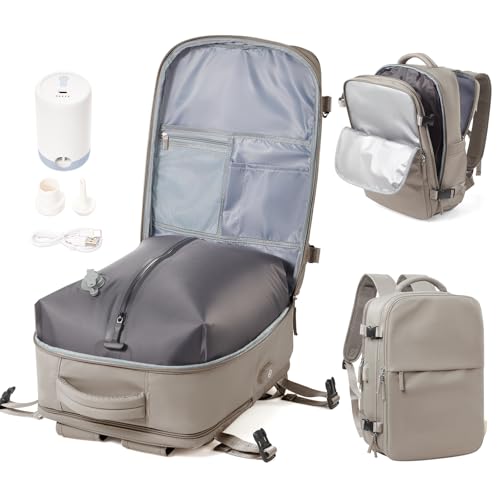 Vakuum Rucksack Handgepäck Flugzeug mit Schuhfach, Ryanair Reiserucksack Handgepäck mit Vakuumsystem, Rucksack Wasserdicht Laptop 15.6 Zoll für Damen Herren Airbag(Grau Braun) von WEPOET