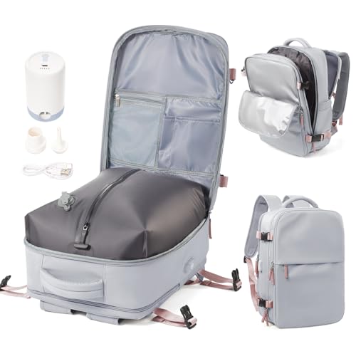 Vakuum Rucksack Handgepäck Flugzeug mit Schuhfach, Ryanair Reiserucksack Handgepäck mit Vakuumsystem, Rucksack Wasserdicht Laptop 15.6 Zoll für Damen Herren Airbag(Grau) von WEPOET