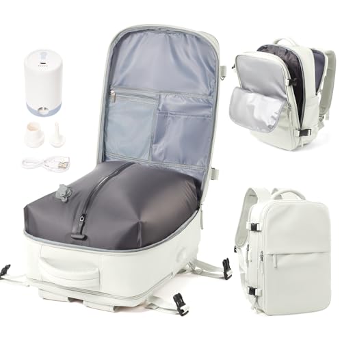 Vakuum Rucksack Handgepäck Flugzeug mit Schuhfach, Ryanair Reiserucksack Handgepäck mit Vakuumsystem, Rucksack Wasserdicht Laptop 15.6 Zoll für Damen Herren Airbag(Weiß) von WEPOET