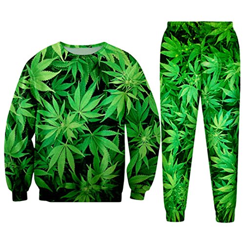 WEPTANSES Lässige Streetwear Sweatshirt und Hosen Feuille Green Hanf Blatt Weed 3D Crewneck Hoodie Pullover Männer Und Frauen Trainingsanzug 3D Green Tracksuits XL von WEPTANSES