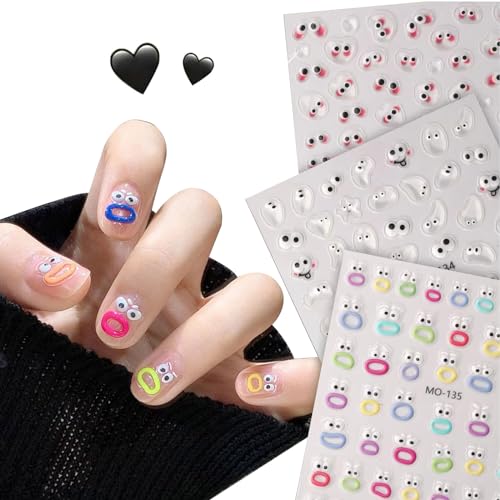 WEQEER Funny Expression Design Nail Art Stickers, Cartoon Monster Face Self Adhesive Jelly Nail Art Decals DIY Nail Salons, Nagelaufkleber, Frauen Und Mädchen (3pcs) von WEQEER