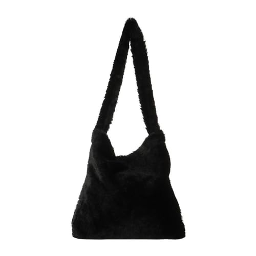 1PC Frauen Mädchen Flauschigen Schulter Tasche Top-griff Tasche Weibliche Herbst Winter Handtasche Plüsch Tote Einkaufstasche(1-black) von WEQYFDC