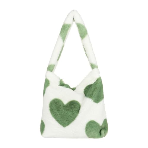 1PC Frauen Mädchen Flauschigen Schulter Tasche Top-griff Tasche Weibliche Herbst Winter Handtasche Plüsch Tote Einkaufstasche(1-green heart) von WEQYFDC