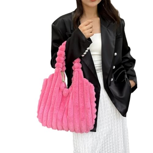 Frauen Flauschige Einkaufstasche Große Kapazität Pelzigen Schulter Tasche Mode Plissee Umhängetasche Casual Weibliche Täglichen Geraffte Handtasche(Rose Red) von WEQYFDC