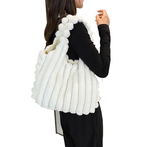 Frauen Flauschige Einkaufstasche Große Kapazität Pelzigen Schulter Tasche Mode Plissee Umhängetasche Casual Weibliche Täglichen Geraffte Handtasche(White) von WEQYFDC