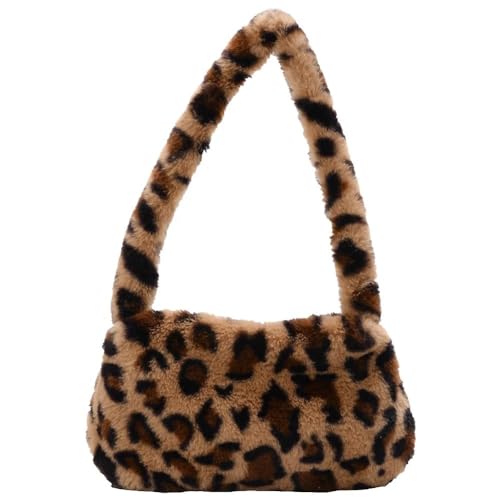 Frauen Kuh Druck Mini Schulter Taschen Plüsch Druck Shopper Geldbörsen Weibliche Handtasche Winter Plüsch Unterarm Taschen Flauschigen Tragetaschen Geldbörsen(F Small) von WEQYFDC