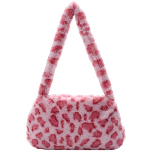 Frauen Kuh Druck Mini Schulter Taschen Plüsch Druck Shopper Geldbörsen Weibliche Handtasche Winter Plüsch Unterarm Taschen Flauschigen Tragetaschen Geldbörsen(H Small) von WEQYFDC