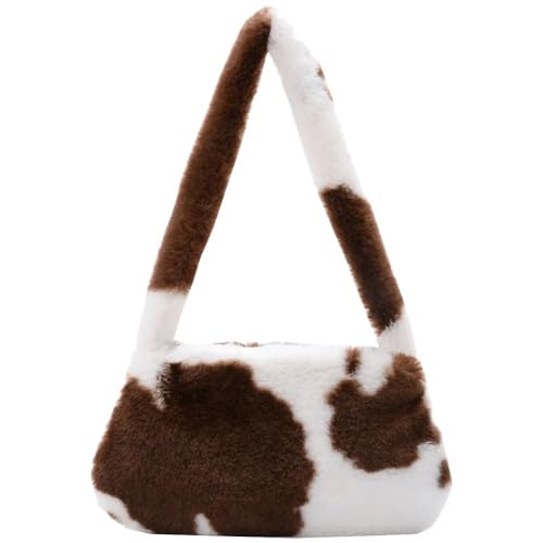 Frauen Kuh Druck Mini Schulter Taschen Plüsch Druck Shopper Geldbörsen Weibliche Handtasche Winter Plüsch Unterarm Taschen Flauschigen Tragetaschen Geldbörsen(J Small) von WEQYFDC