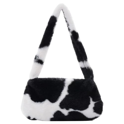 Frauen Kuh Druck Mini Schulter Taschen Plüsch Druck Shopper Geldbörsen Weibliche Handtasche Winter Plüsch Unterarm Taschen Flauschigen Tragetaschen Geldbörsen(L Small) von WEQYFDC