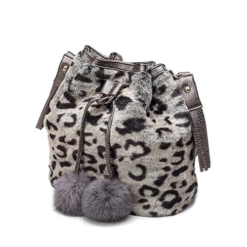 Herbst Winter Frauen Schulter Tasche Leopard Plüsch Fell Haarigen Damen Umhängetasche Weiblichen Quaste Ball Totes(Gray leopard) von WEQYFDC